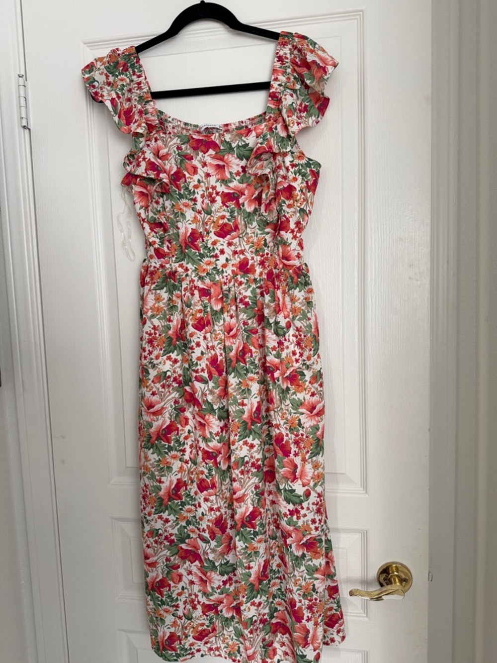 Staccato Floral Ruffle Midi Dress in Orange/Red and Green